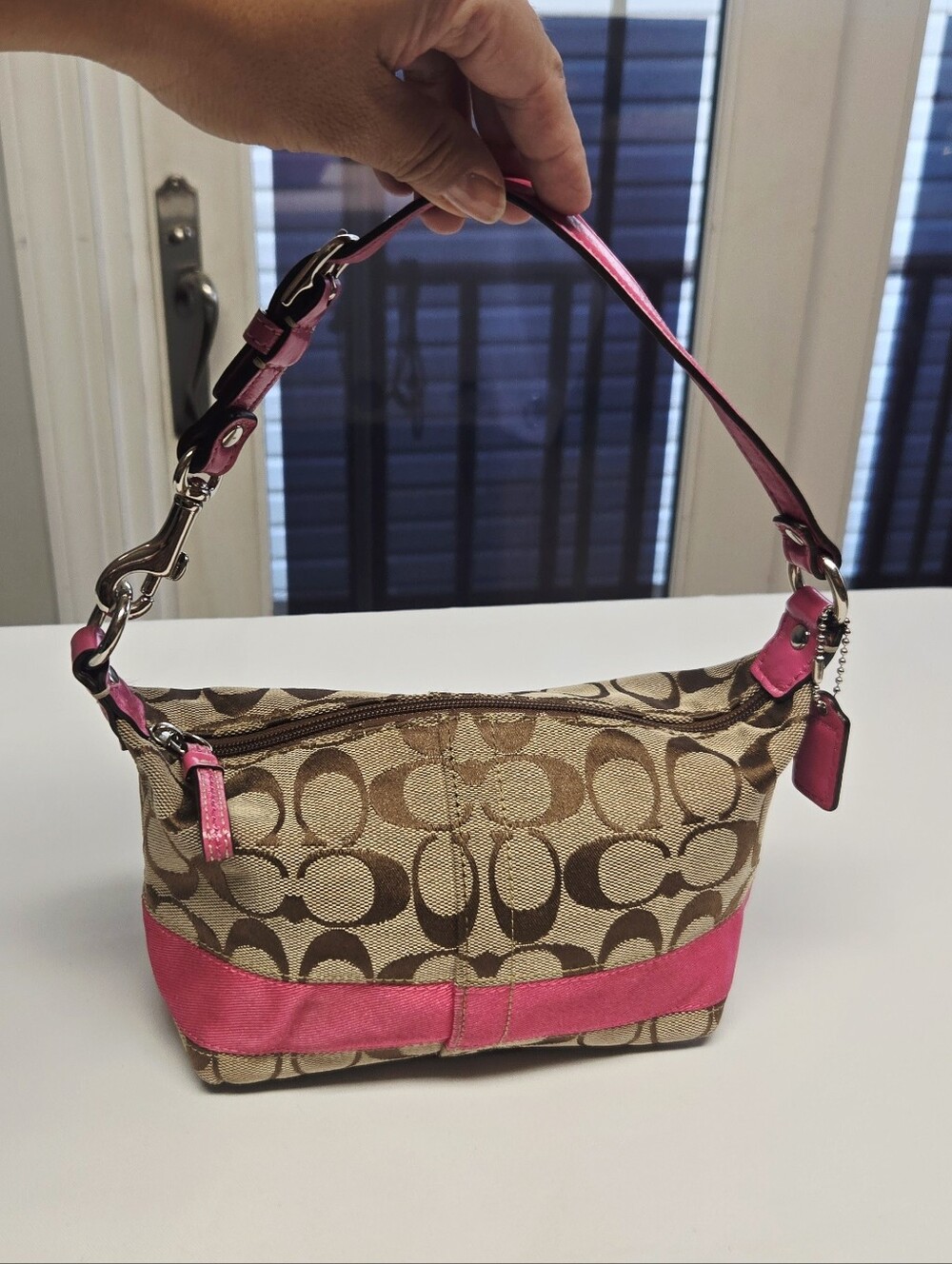 Vintage Y2K Coach Signature Stripe Demi Pouch Mini Bag Khaki Pink Canvas 41642